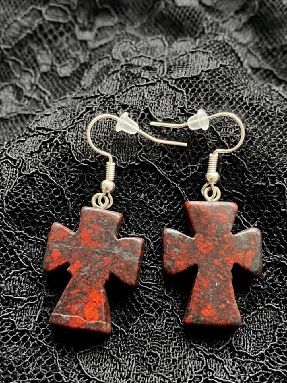 Mahogany Obsidian Stone Cross Drop Earrings